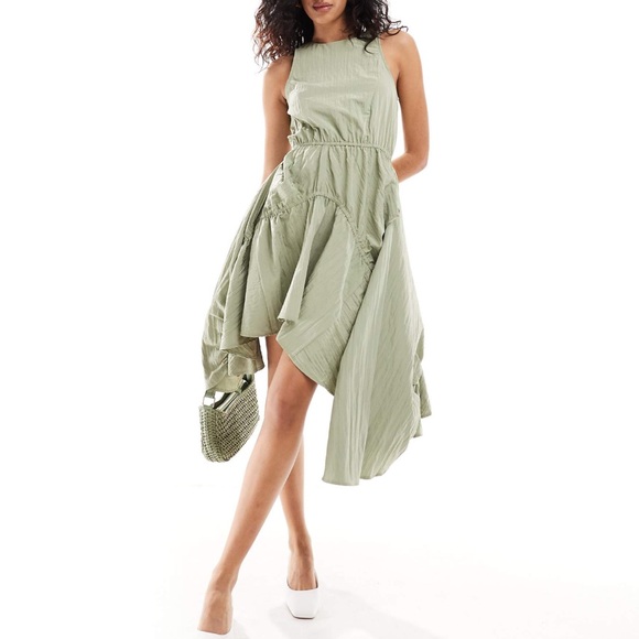 Mini Dress with High Low Skirt Elasticized in Sage Crinkle - Picture 2 of 6